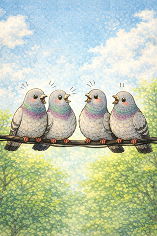 illustration of sound word, poppo, ぽっぽ, pigeons