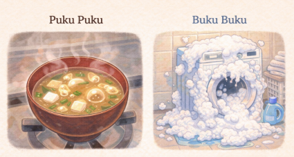 illustration of small, gentle bubbles, puku puku, buku, buku 
