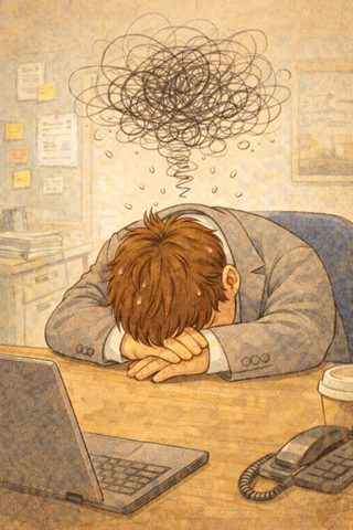 Stressed worker at cluttered desk