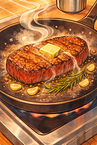 Sizzling steak in cast iron skillet