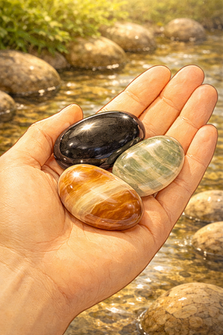 Cradling polished stones by the stream