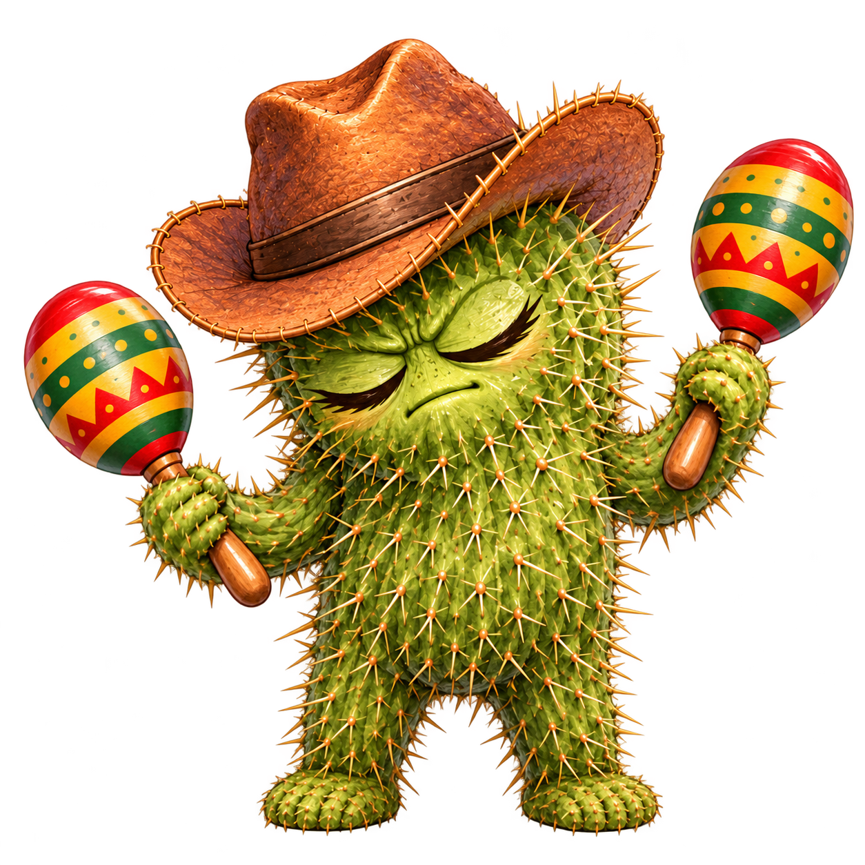 A cheerful cactus in a cowboy hat, holding two colourful maracas.
